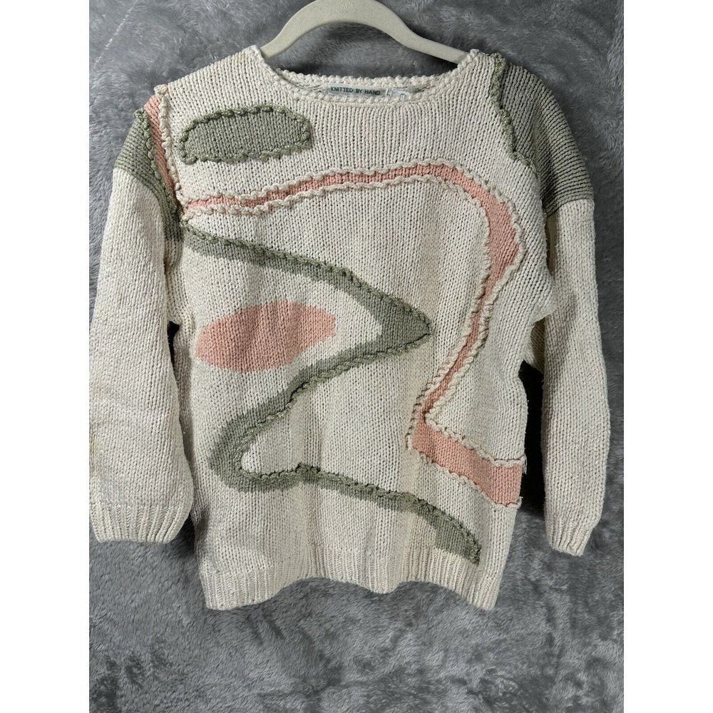 Shenanigans Hand Knit Sweater Womens S Ivory Silk 3D Sage Pink Abstract Vtg Top
